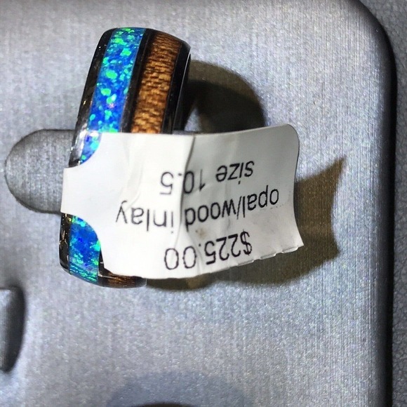 Mens Tungsten Ring Sz10.5 Black/Lab Opal & Wood Strips Unique Look New W Tags - Picture 3 of 3